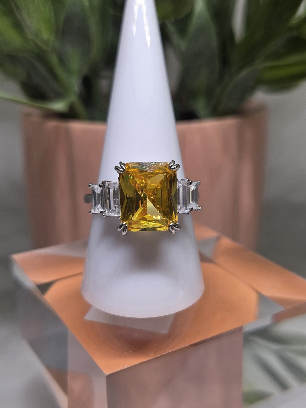 Yellow Emerald-Cut Statement Ring with Clear Baguette Side Stones